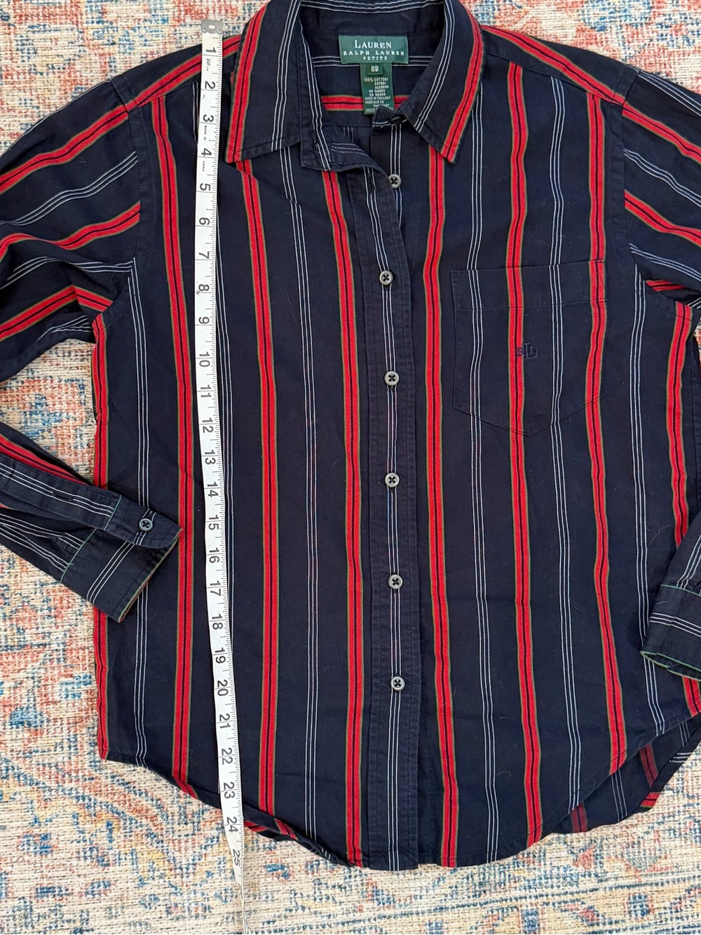 Lauren Ralph Lauren Petite Shirt 8P Navy Red Stripe Monogram Cotton Button Down - Picture 7 of 10